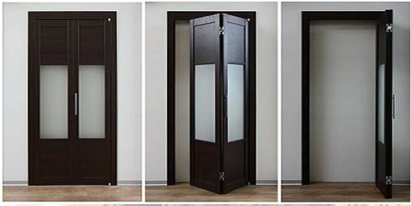 Шпонированные двери гармошка с матовыми стеклянными вставками Канск